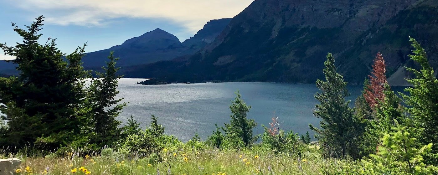 A lake surrounded by field and mountains at Glacier National Park photo taken by Kim DeRushia, Psychologist in Stockton California